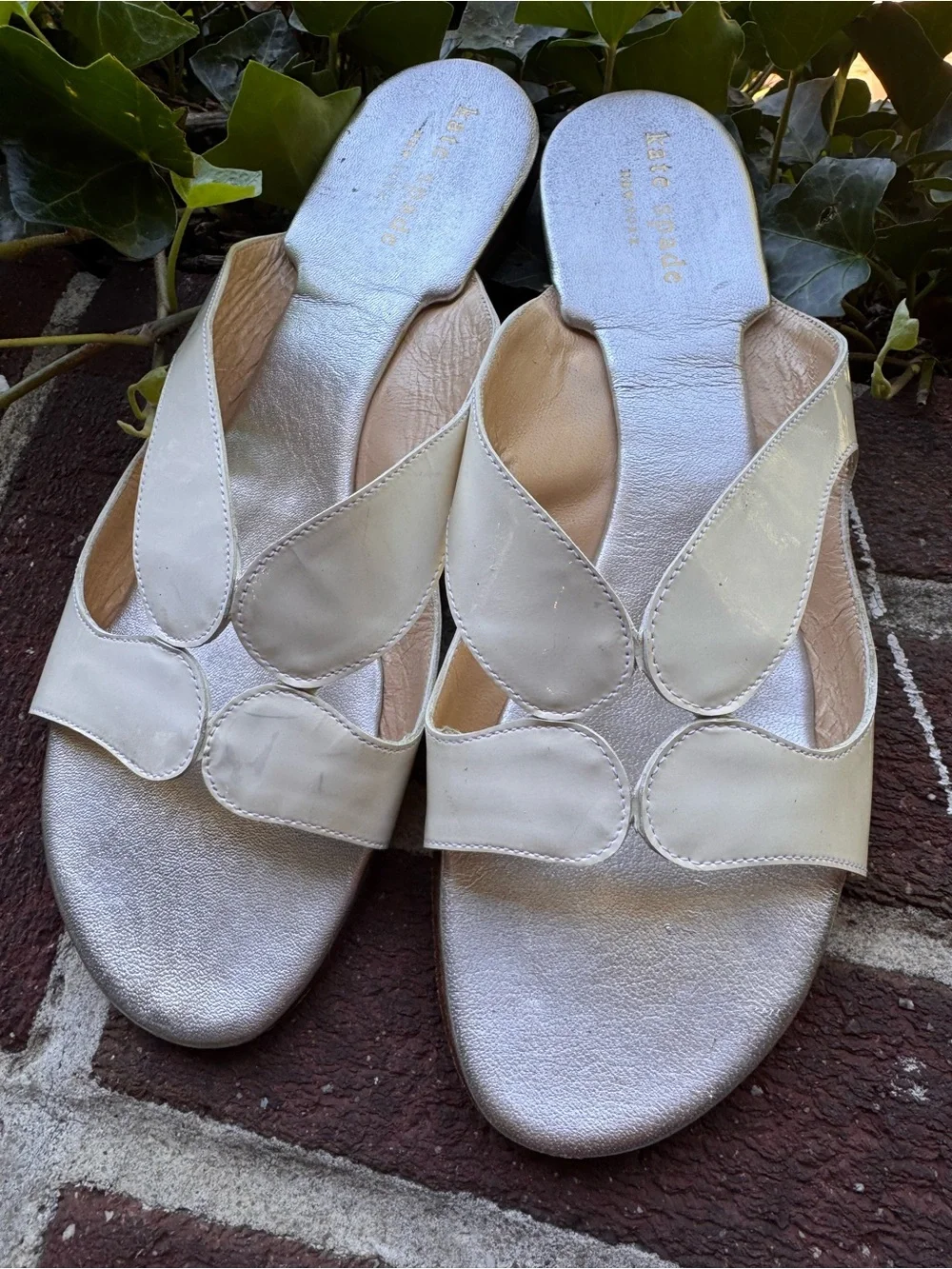kate spade Cream Patent Leather Slide Sandals